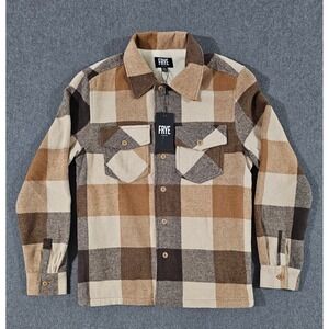 Frye Mens Sherpa Lined Plaid Flannel Shirt Jacket Brown Tan Buffalo Check Small
